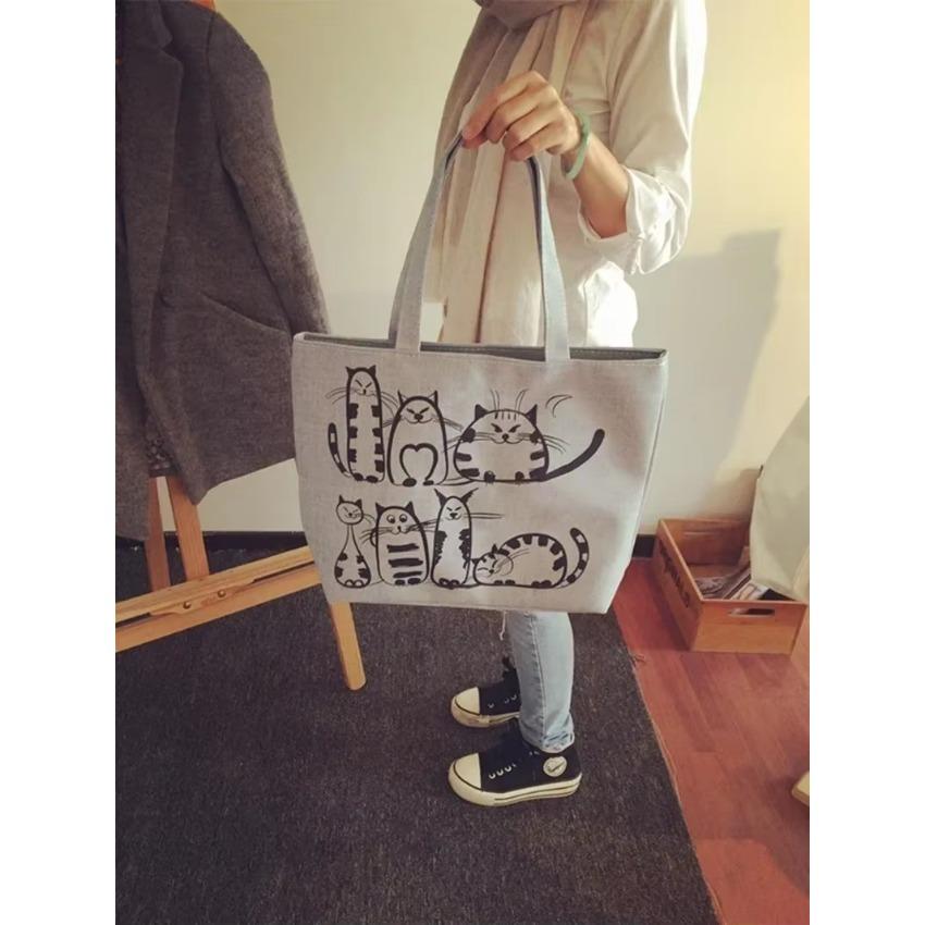Women's Bag Cute Cats Canvas One Shoulder Casual Handbag Student Book Bags Large Capacity Shopping Korean Version New Fashion