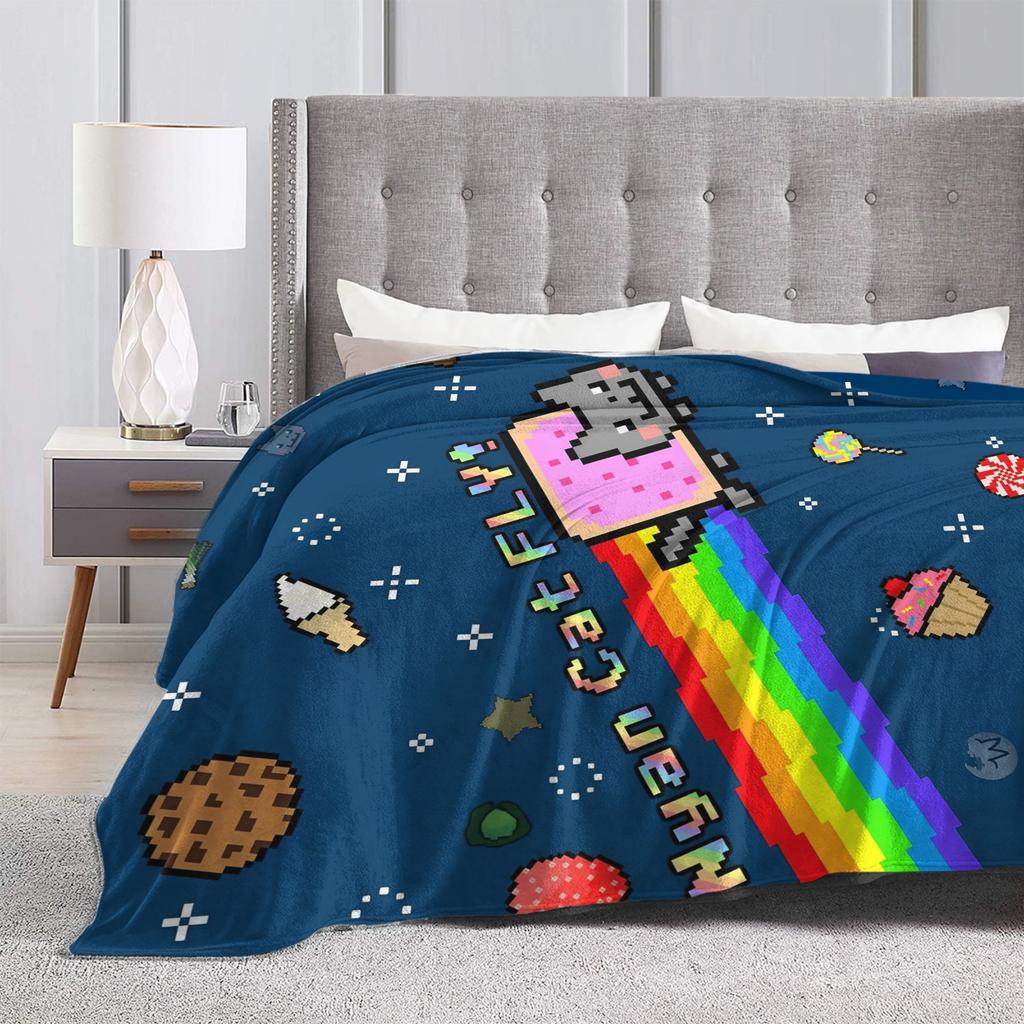 Katze Regenbogen Pixel Welt Nyans Decken Fleece Frühling Herbst Atmungsaktiv Super Warm Überwurfdecken für Bettwäsche Sofa Teppich Stück