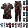 Women's Halloween Print Set V-Neck Short Sleeve Top with Pockets and Pants