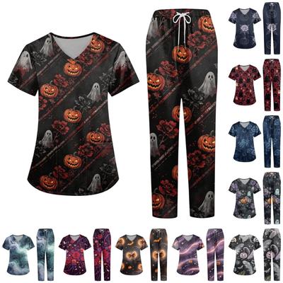 Dames Halloween Print Set V-hals Top met Korte Mouwen en Zakken en Broek