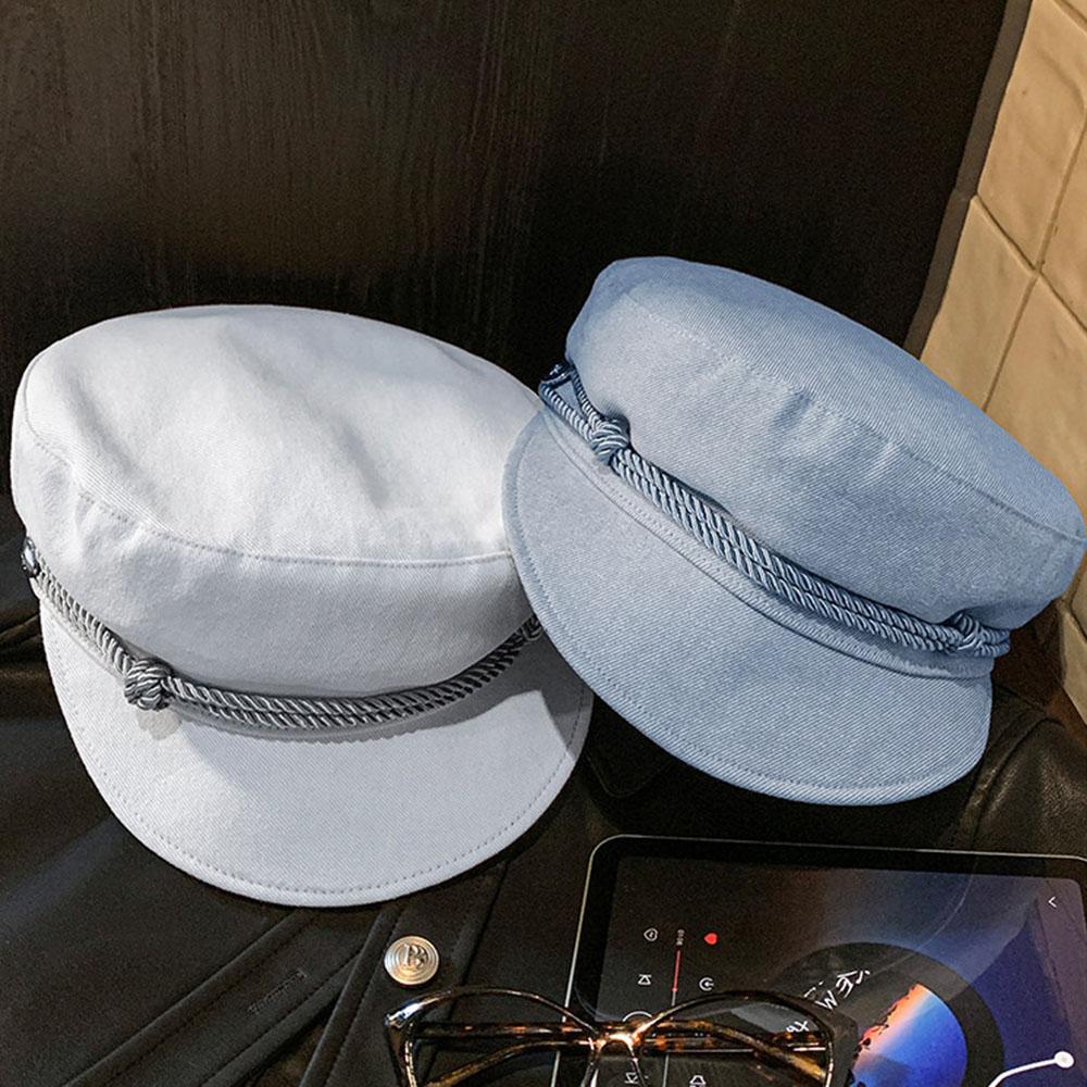 Retro Japanese Beret Hat British Ins Denim Octagonal Hat Artist Hat Women Casual Flat Top Hat Blue Navy Style Octagonal Hat
