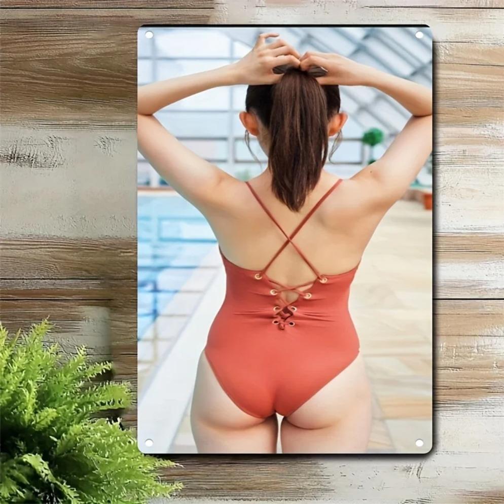 

Металлическое Настенное Искусство Декор Красный Купальник Женщина Постер Железная Рамка Ванная Комната Спа Легко Повесить 20x30cm