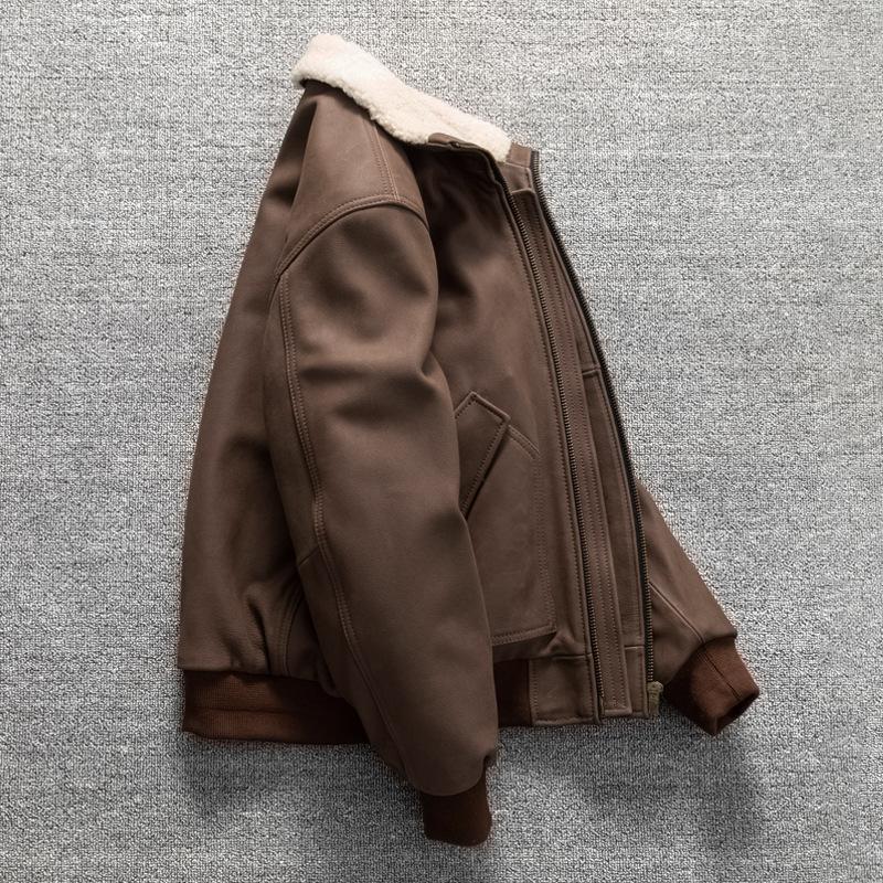 First Layer Cowhide Leather Genuine Leather Jacket Men's Plus Cotton Short Lapel Flight Suit Jacket Winter Large Size Jacket