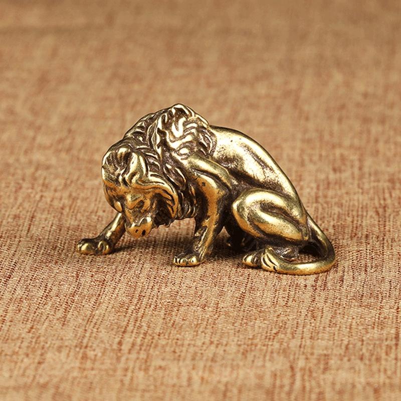 Antyczny brąz mocny król lew statua Vintage miedzi tygrys lew Leopard rzeźba ozdoby zwierząt herbata figurka dla zwierząt domowych wystrój pulpitu