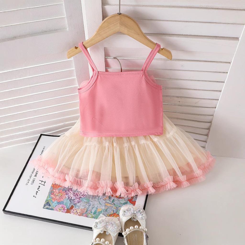Girls' Fashionable Set Summer Children's Cute Pink Flower Halter Top + Mesh Puffy Skirt Set