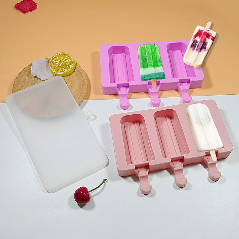 Food Grade Silicone Ice Cream Mold, Pop Cube, Popsicle with Sticks, Dessert DIY, Magnum Cake Maker, 3 Holes