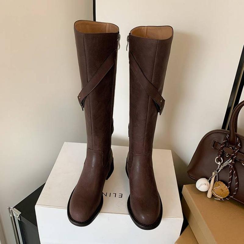 Autumn and winter medium heel large size women's boots solid color side zipper women's leather boots genuine leather Martin boots new cowhide high bo