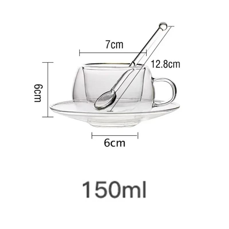 150/300ml Dubbelväggig Glas Kaffekopp med Fat och Sked Värmebeständiga Espressokoppar med Handtag Mugg Dryckesvaror Mjölk Tekopp