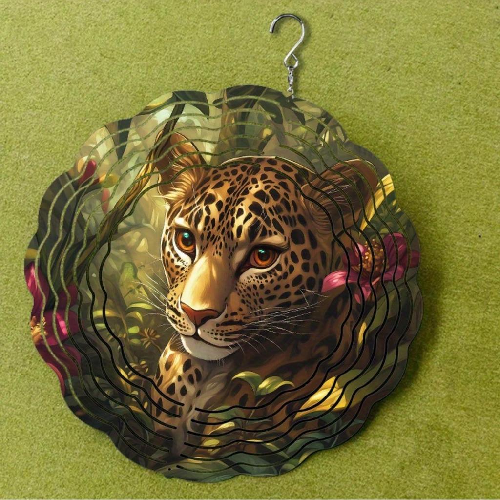 10 Inch Metal Leopard Wind Spinner Outdoor Garden Decor Hanging Wind Chime for Patio Yard 360 Rotating Hook Vibrant