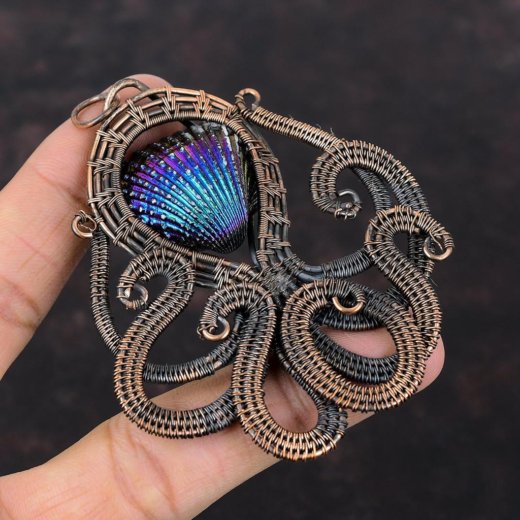 Titanium Coated Shell Pendant Copper Wire Wrapped Gemstone Pendant Octopus Pendant Handmade Band New Pendant Copper Jewelry Engagement Gifts