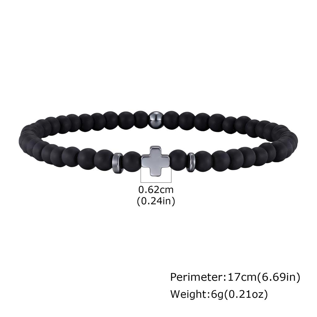 Gallstone Cross Beaded Bracelet for Men Boys,4mm Red Pine Stone Black Onyx Elastic Wristband,Simple Stackable Jewelry