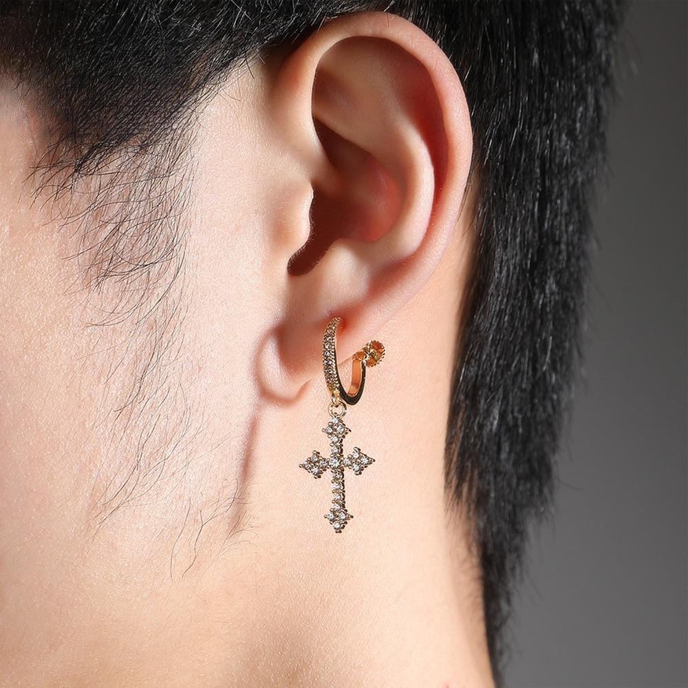 Hip Hop Spiral Buckle Cross Earrings Men's Street Versatile Zircon Nightclub Earrings Wind Earrings