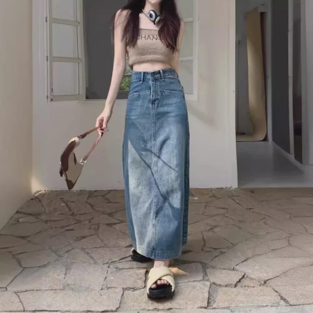 Retro American Style High Waist Slim A-Line Denim Skirt for Women - Petite Autumn Design with Back Slit