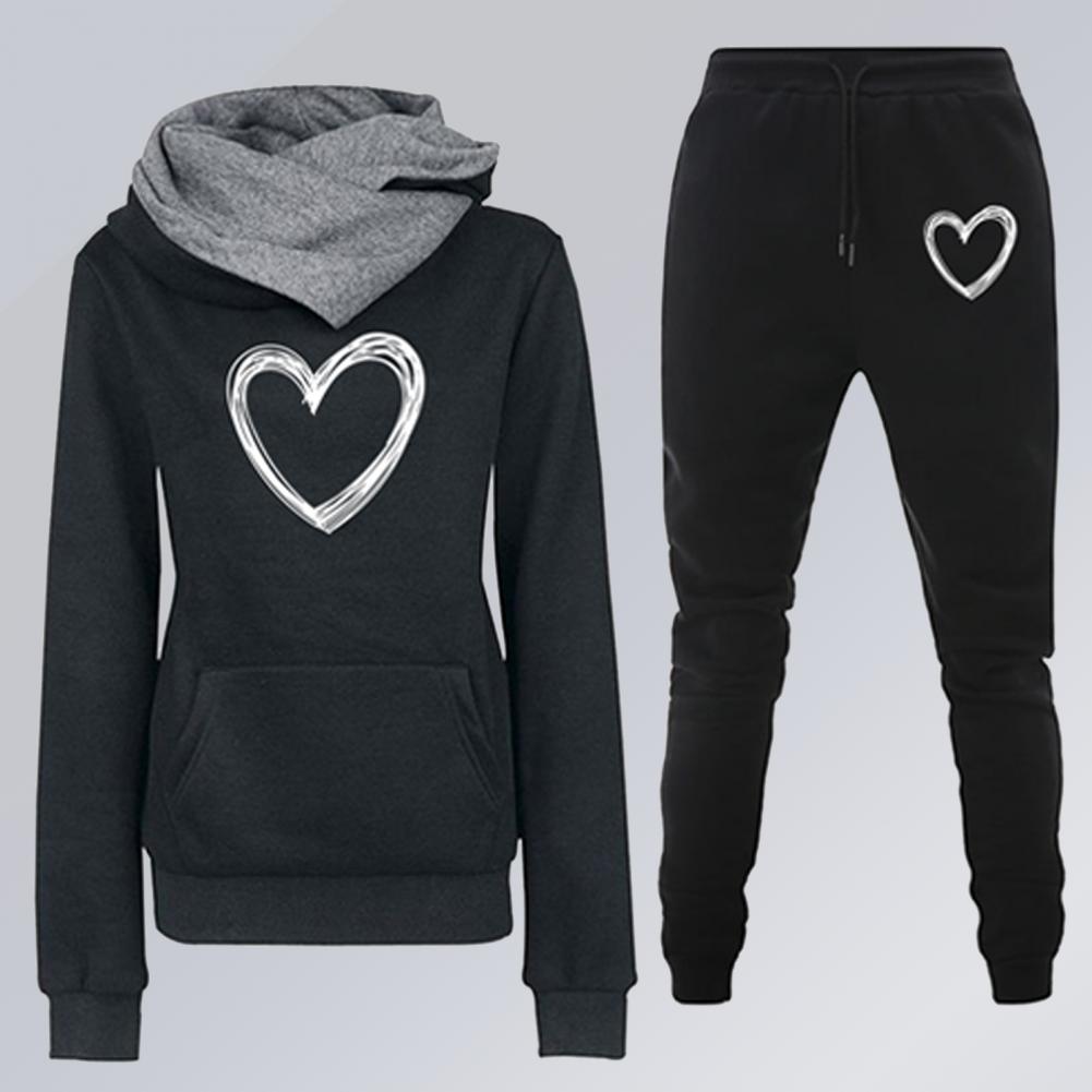 2 Stück/Set Damen Hoodie Hosen Anzug Herz Druck Langarm Elastische Bündchen Aufgesetzte Tasche Kordelzug Elastischer Bund Knöchelbündchen Dame F