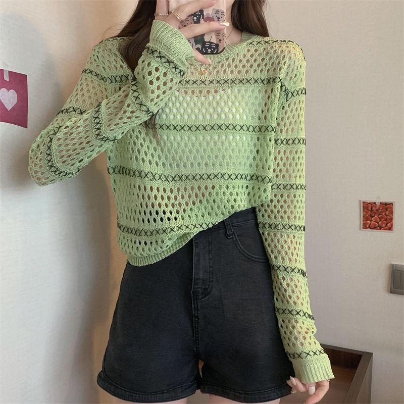 Hollow Long-sleeved Sweater Women's Spring Thin Transparent Black T-shirt Sunscreen Blouse Short Top