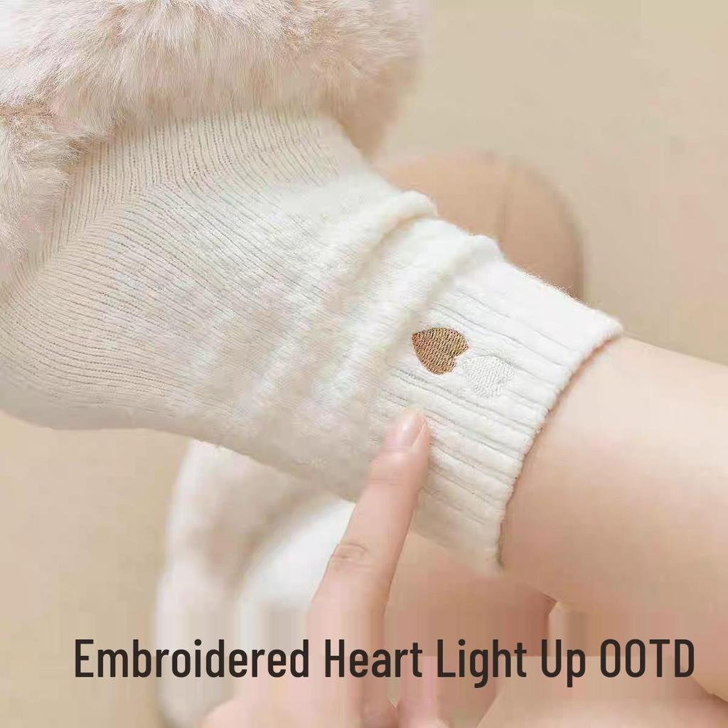 Women's Velvet-Lined Ruffle Socks - Mid-Calf, Warm, Cute Heart Embroidery for Autumn/Winter