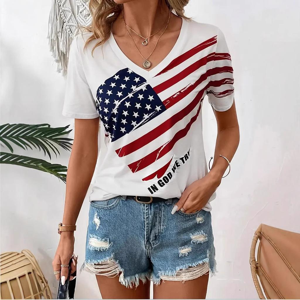 Summer Fashionable High-quality Striped Creative Pattern Women's V-neck Short Sleeved T-shirt Women's Breathable Loose T-shirt
