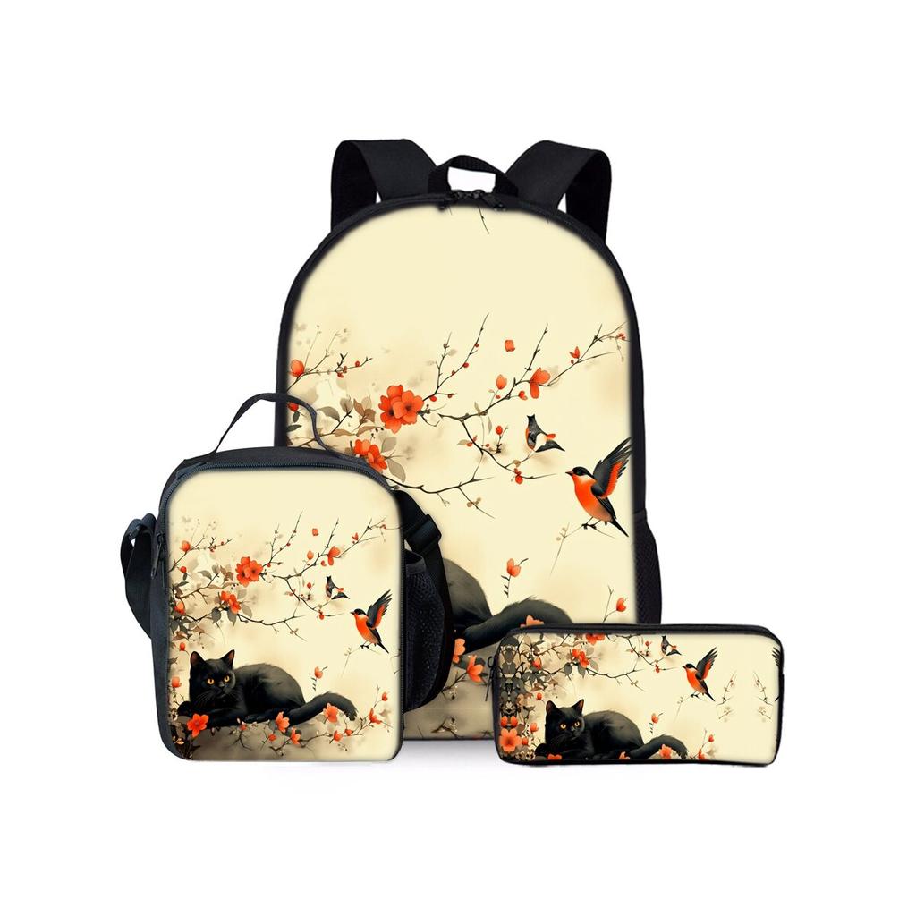 Set di Zainetti Tre Pezzi con Stampa Gatto Nero e Fiori per Ragazzi e Ragazze Migliori Regali Zaino Scolastico Cartoon Piatto 2D per Bambini