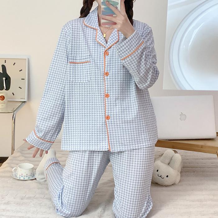 Women's Pajamas New Autumn Spring Long Sleeve Soft Sleepwear Set Grid Cartoon Cotton Pyjama Woman Home Nightwear Set Cardigan