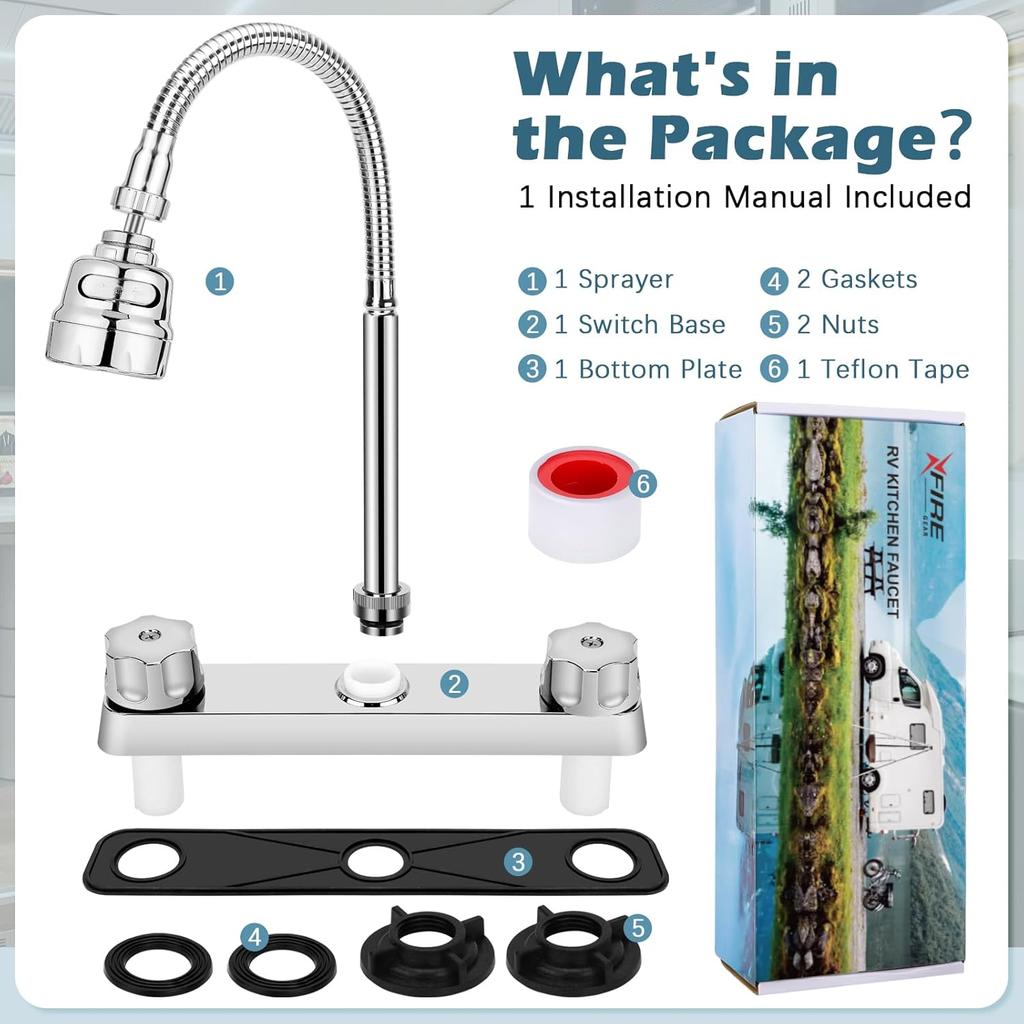 3 Mode RV Kitchen Faucet, XFIRE-GEAR 8In Camper Faucet Kitchen With Flexible Arc 360 Degree Rotatable Function Sprayer, RV Sink Faucets For