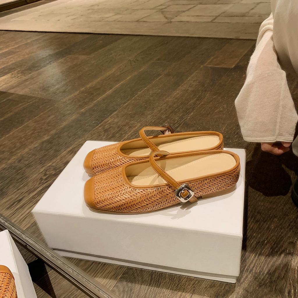 Height increase of 5cm~ holiday style straw woven square head sandals lazy half drag female summer
