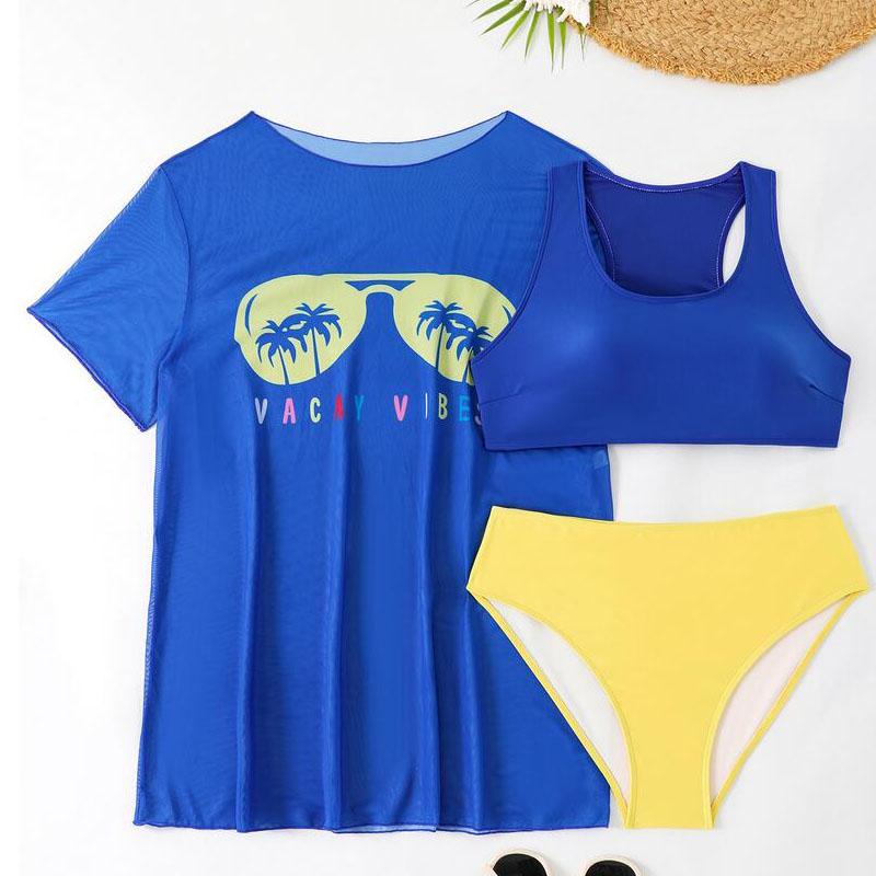 

Женский купальник больших размеров, уличный пляжный комплект бикини, сетчатый бикини с принтом, комплект из трех предметов для женщин 4XL