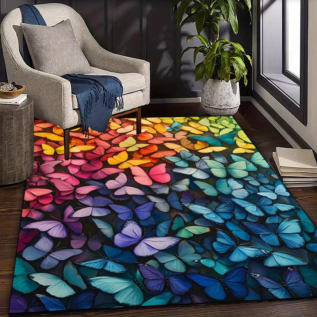 Large Crystal Velvet Rainbow Butterfly Mat Non Slip Machine Washable Vibrant Multicolor Living Room Bedroom Office Patio Decor