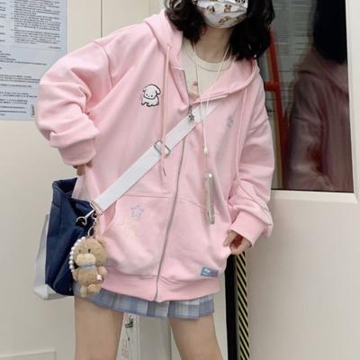Harajuku Kawaii Pink Spring and Autumn Zip Up Hoodie Women Japanese Style Cute Cartoon Beige Hooded Jacket Oversize Korean Girly Sweatshirts