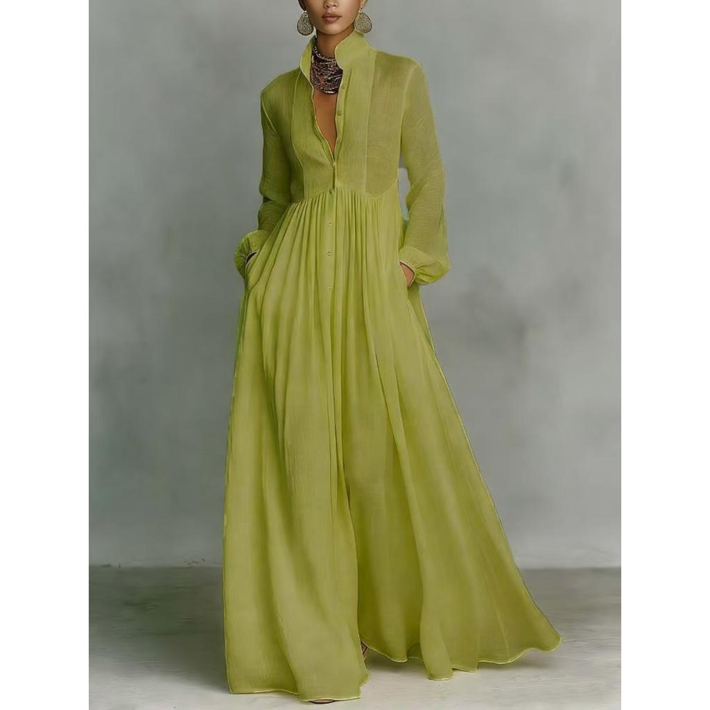 Women's Stand Collar Long Sleeve Loose Pleated Maxi Dress Solid Color Flowy A Line Long Gown For Holiday Daily Casual Wear