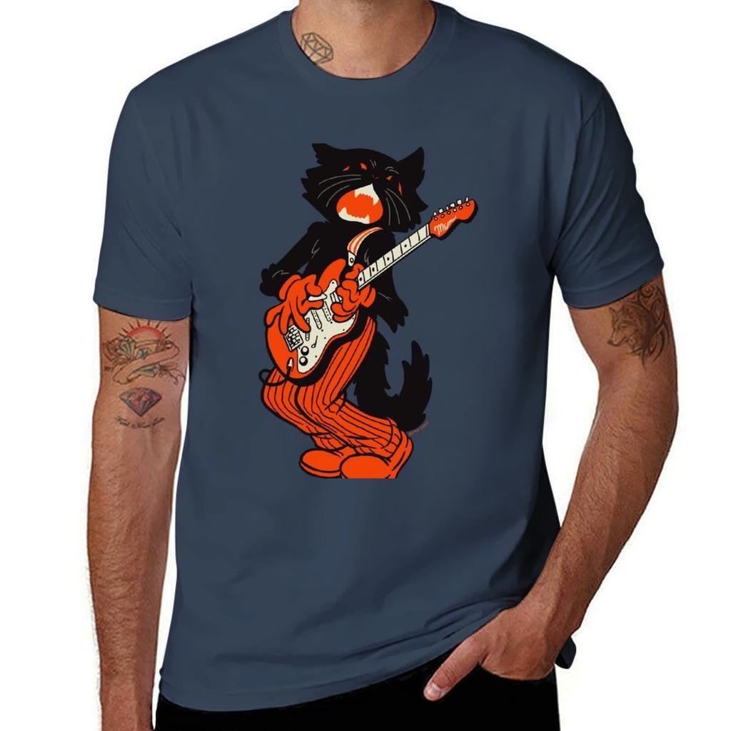 Vintage Halloween Black Cat Playing Electric Guitar Tshirt Casual Simple Design Short Sleeve Shirt