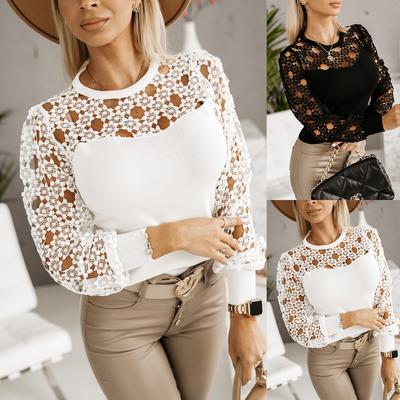 Sexy hohle Spitzen-Patchwork-Rundhals-Langarmbluse