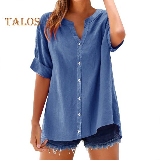 Women Shirt V-Neck Short Sleeve Buttons Placket Shirt Tops Solid Color Loose Fit Breathable Shirt Daily Wear
