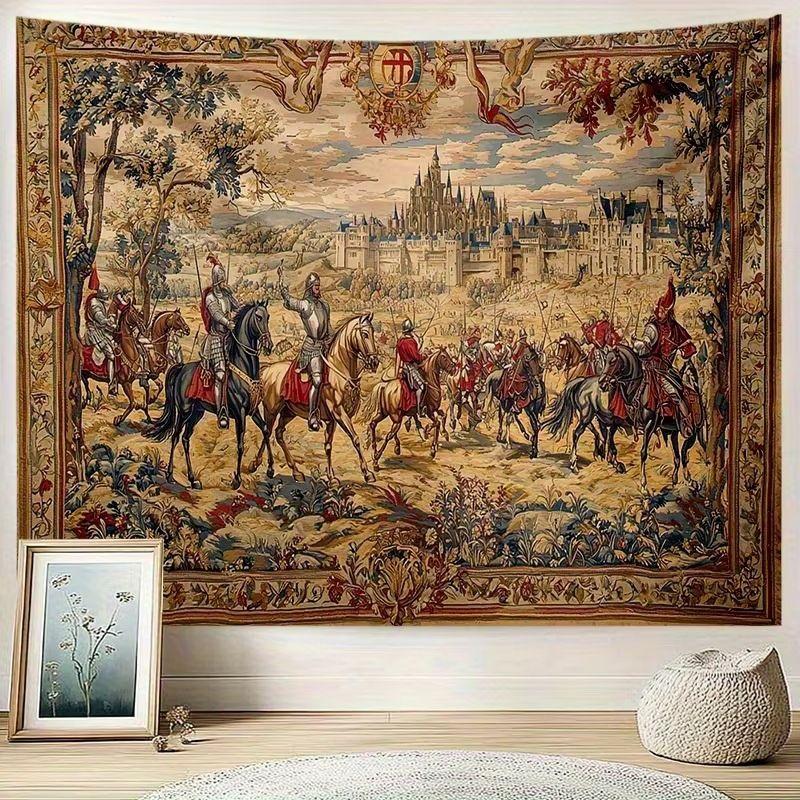 Arazzo Cavaliere Medievale Vintage a Cavallo, Appeso a Parete in Poliestere, Decorazione Estetica per Soggiorno Camera da Letto Stanza Universitaria Foto
