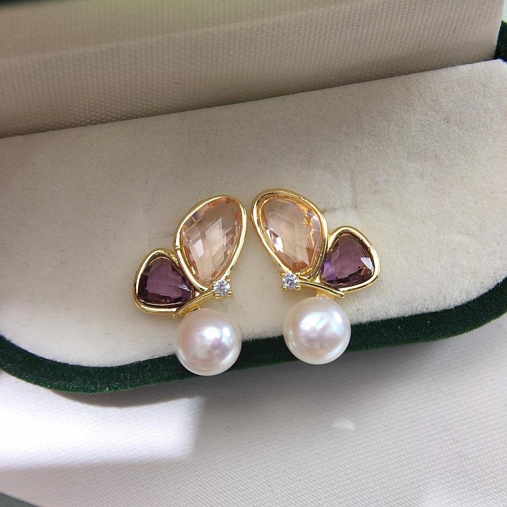 Zhuji Freshwater Pearl Studs with Zircon Butterfly Design