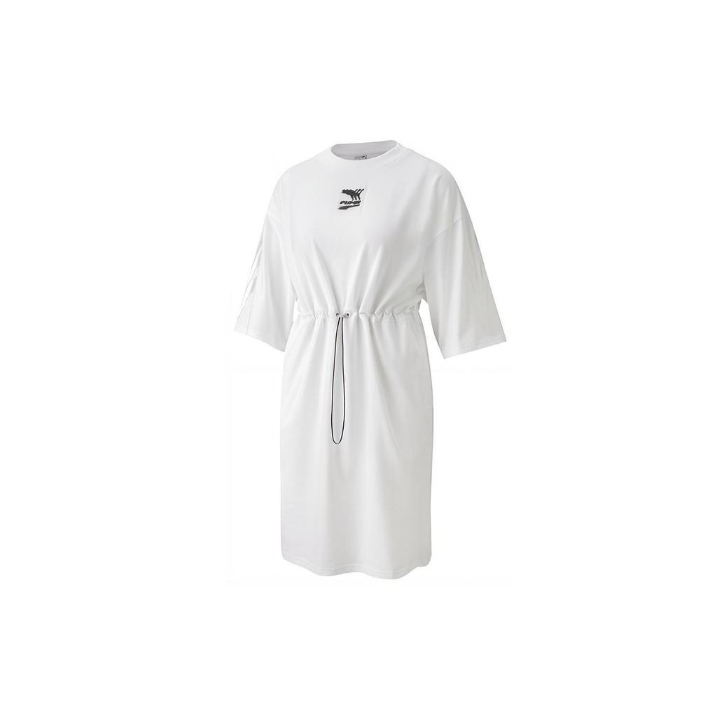 Puma Casual Sports Fashion Round Neck Breathable Drawstring Short Sleeve Dress Women Dress White 599175-02
