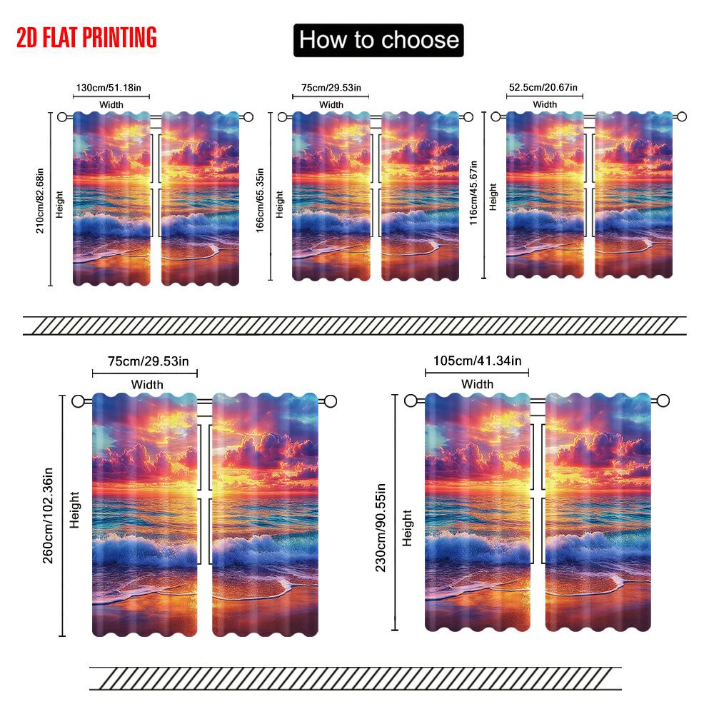 2pcs  2D plane printing Curtain Popular Beach Sunset Sea Polyester Fabric (without rod) Outdoor Decorations Ldeal for Bedroom