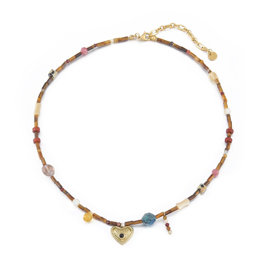 GEMCHIC Women's Retro Vintage Heart Natural Tiger Eye Stone Necklace, Colorful Beaded Clavicle Chain with Gold Pendant for Spring