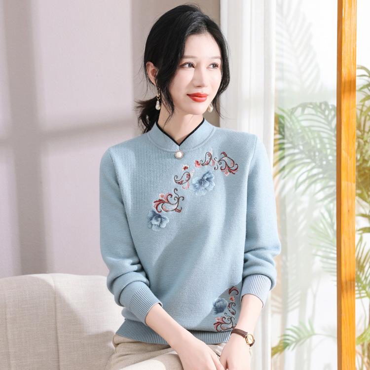 

Одежда для женщин среднего и пожилого возраста с бархатным утолщением, интегрированный бархатный воротник ципао, топы для ношения матерями, теплый свитер 3XL синий