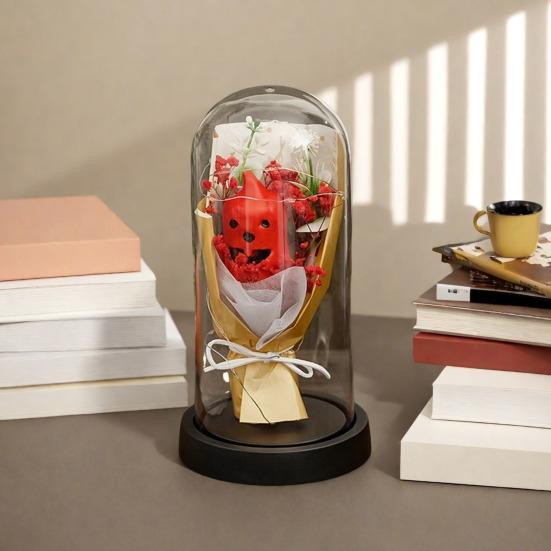 LED Clear Dome Pumpkin Night Light Halloween Light-up Pumpkin In Cloche with Artificial Flower for Home Kitchen Mantel Party Decor
