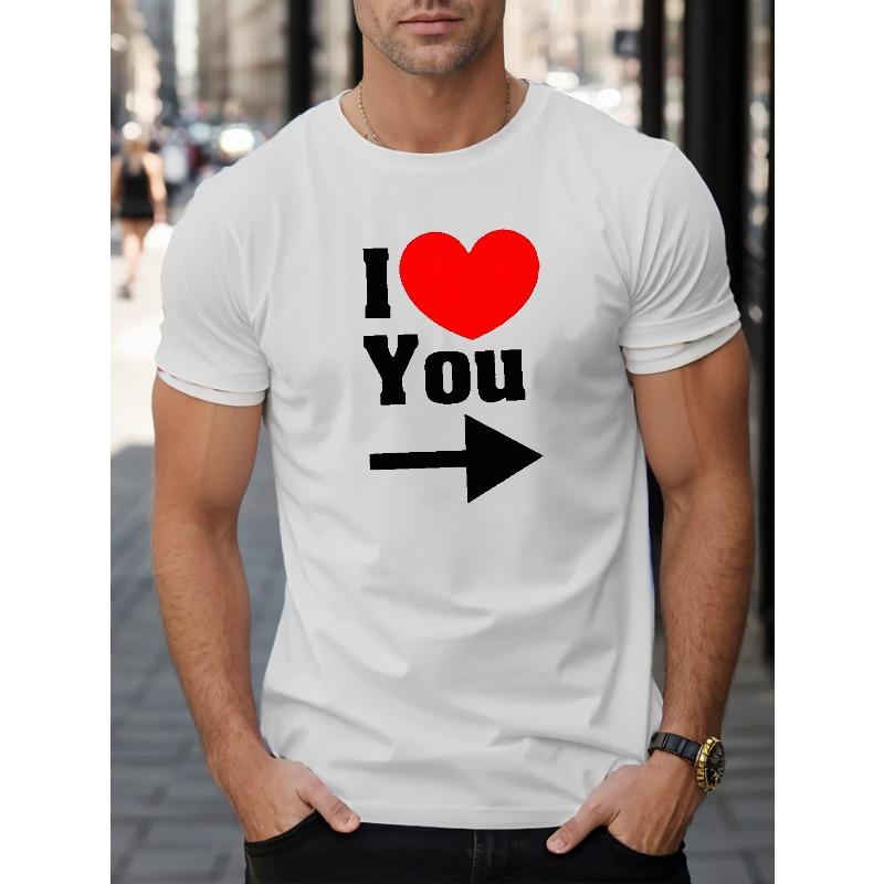 Men's Stylish I Love You Pattern T-Shirt, Casual Breathable Crew Neck Short Sleeve Tee Top For City Walk Street Hanging Outdoor Activities