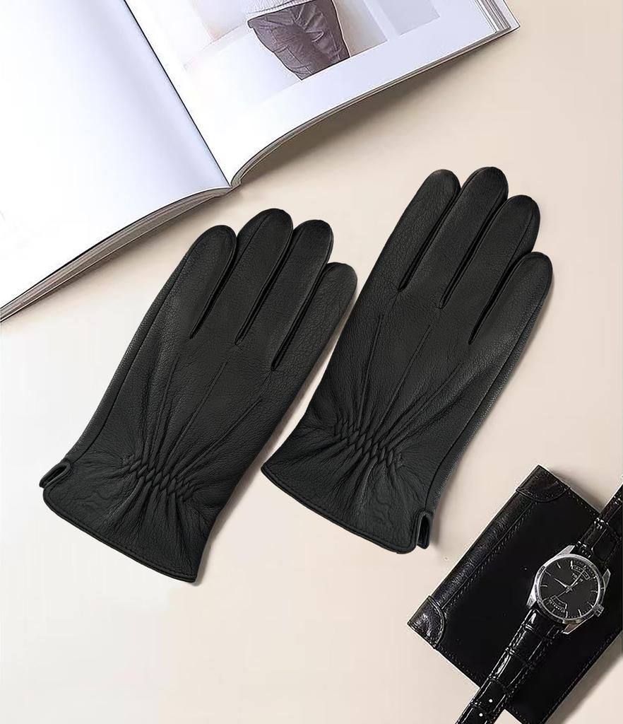 XFONZYUN Deerskin Leather Smartphone Brushed Warm and and Perfect for and Black Men's Gloves, Compatible, Lining, Warm, Water-Repellent Windproof,