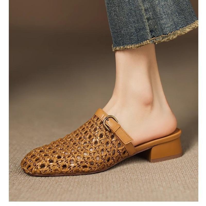 Sheepskin version~ 3cm thick heel slippers women's summer outer wear woven hollow breathable hole half drag fisherman sandals