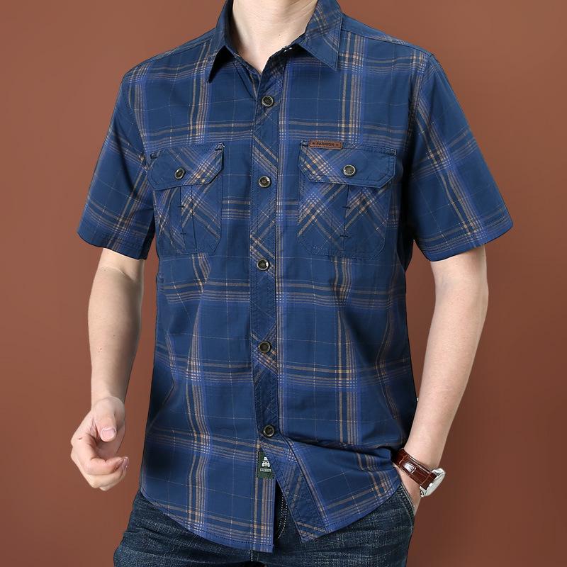 2026 Men's Plus Size Loose Plaid Cotton Short Sleeve Shirt - Casual & Lightweight
