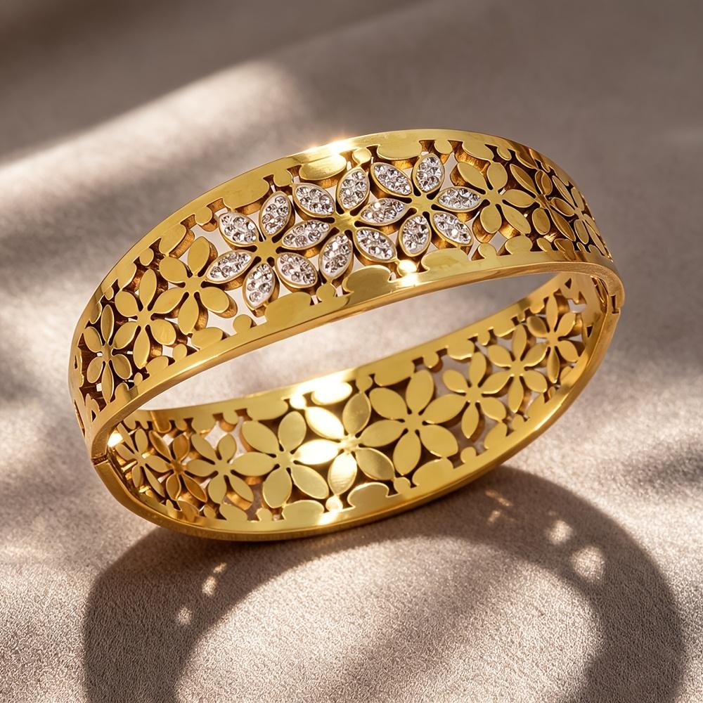 Gold-plated anti-fade luxury synthetic zirconia bracelet with floral design cuff bracelet