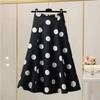 Polk Dot Skirts Womens Pleated Korean Style Silk Long Black Skirt Middle Length High Waist A Line French Umbrella Skirt Summer
