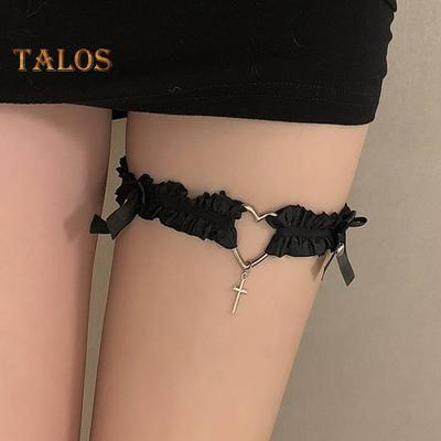1 pz. Cinghia per anello da gamba con cuore e croce, decorazione con fiocco, elastico antiscivolo, cintura in pizzo gotico, giarrettiera per gamba, Lolita Cosplay, bondage