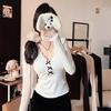 Early Autumn Deep V-Neck Lace Trim Bow Top with Chest Pads - Women's Long Sleeve Slimming Shirt