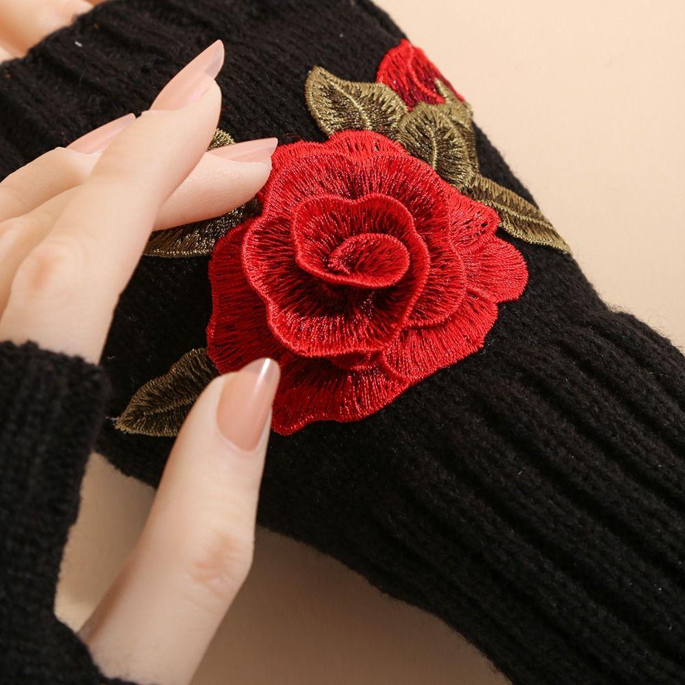 Vintage Embroidery Knitted Gloves Floral Fingerless Gloves Cute Crochet Flower Mittens Outdoor