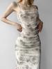 New Summer Retro Style Rose Mesh Suspender Long Dress with Split Ends and Sexy Slim Hip Skirt Female Tide