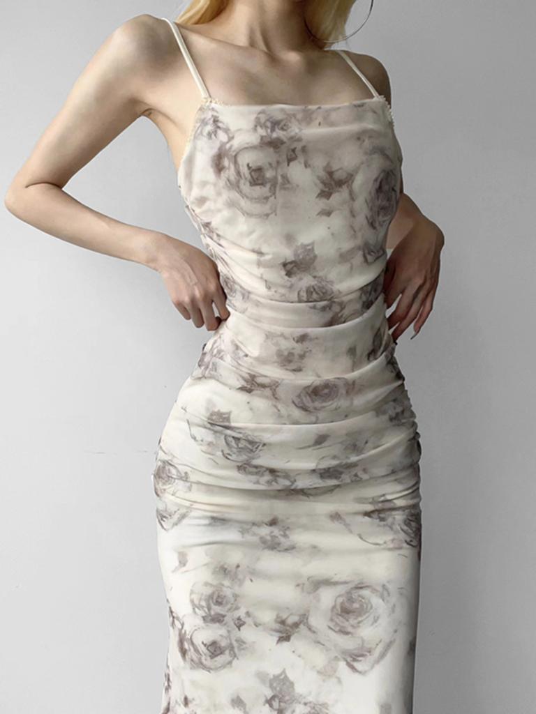 New Summer Retro Style Rose Mesh Suspender Long Dress with Split Ends and Sexy Slim Hip Skirt Female Tide